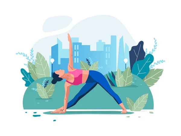 Young Girl Yoga Pose Open Air Exercise City Park Trees — Stock Vector