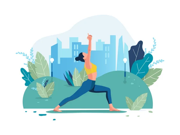 Young Girl Yoga Pose Open Air Exercise City Park Trees — Stock Vector