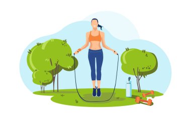 Spor giyimli genç bir kız parktaki atlama halatına atlıyor. Dambıllar ve çimlerin üzerinde bir şişe su standı. Yazın açık hava fitness aktiviteleri. Düz vektör illüstrasyonu. 