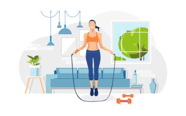 Spor kıyafetli genç bir kız ip atlayıp evde spor yapıyor. Oturma odası, kanepe, bitkiler, kadın, ev içi fitness aktiviteleri. Düz vektör illüstrasyonu. 