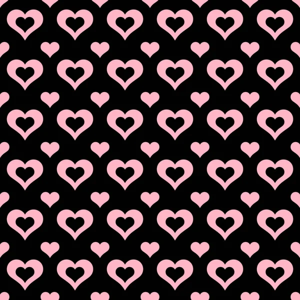在黑色背景上的固体小和开放的大粉红色心脏无缝的模式 — 图库照片