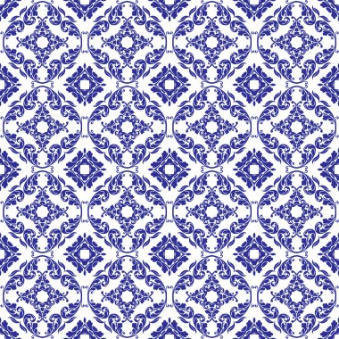 Mavi ve beyaz sorunsuz Damask deseni