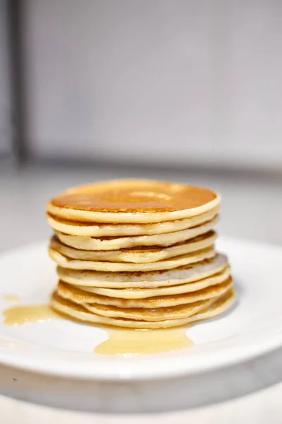 Stack Pancakes White Plate Pancakes White Plate Top View Pancakes — Stock Photo, Image