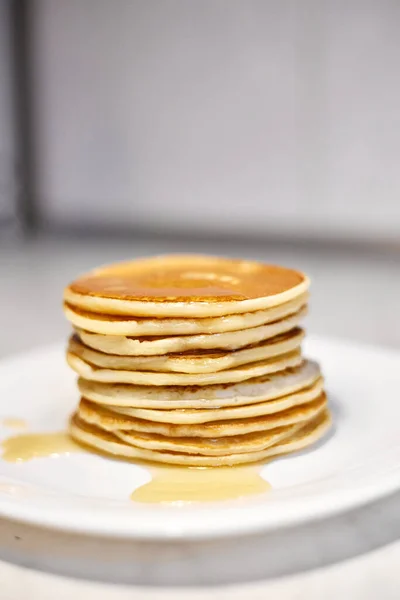 Stack Pancakes White Plate Pancakes White Plate Top View Pancakes — Stock Photo, Image