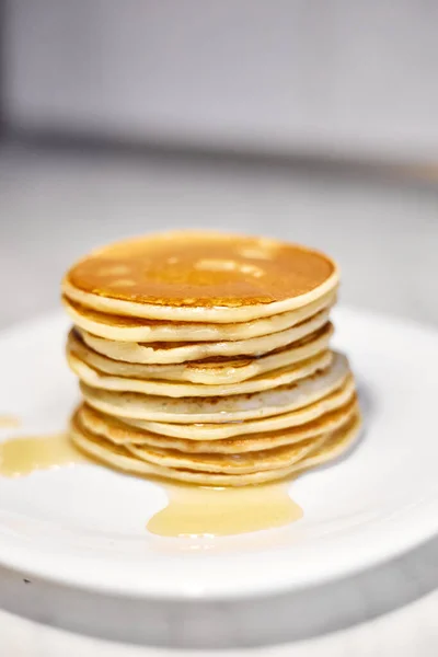 Stack Pancakes White Plate Pancakes White Plate Top View Pancakes — Stock Photo, Image