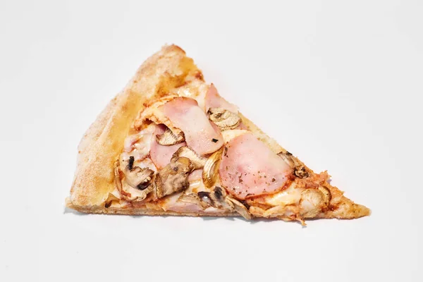 slice of pizza with mushroom and ham isolated, slice of pizza with ham and mushrooms