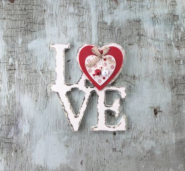 Sevgililer Günü Retro üst görünümü, ahşap dekoratif nesneler, Aşk arka plan