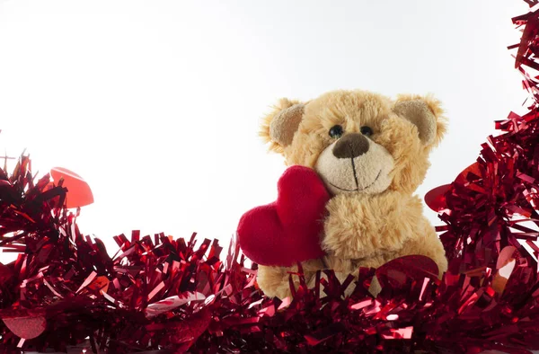 Valentine Day Cute Teddy Bear Holding Heart Love Background — Stock Photo, Image