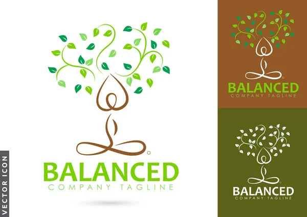 Balanced Árbol Yoga Logo Diseño — Archivo Imágenes Vectoriales