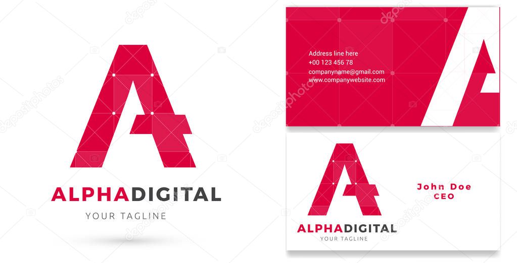 Digital Services Logo and Business card template, Marketing, Alpha Letter Vector Logo