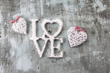 Sevgililer Günü Retro üst görünümü, ahşap dekoratif nesneler, Aşk arka plan