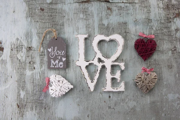 バレンタインデーレトロトップビュー 木製の装飾品 愛の背景 — ストック写真