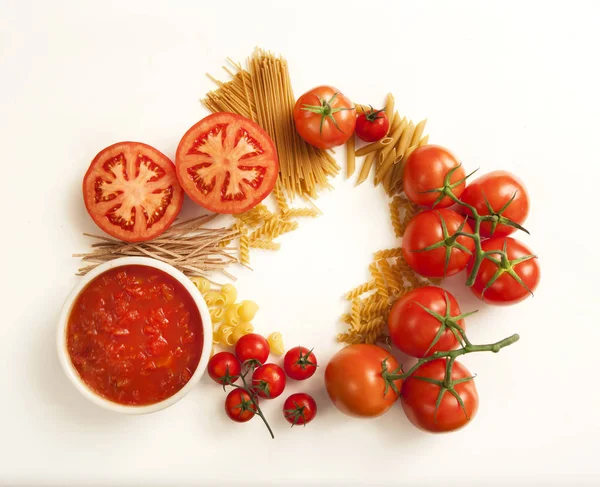 Pasta Variety Tomatoes Composition Top View — Stock Photo, Image