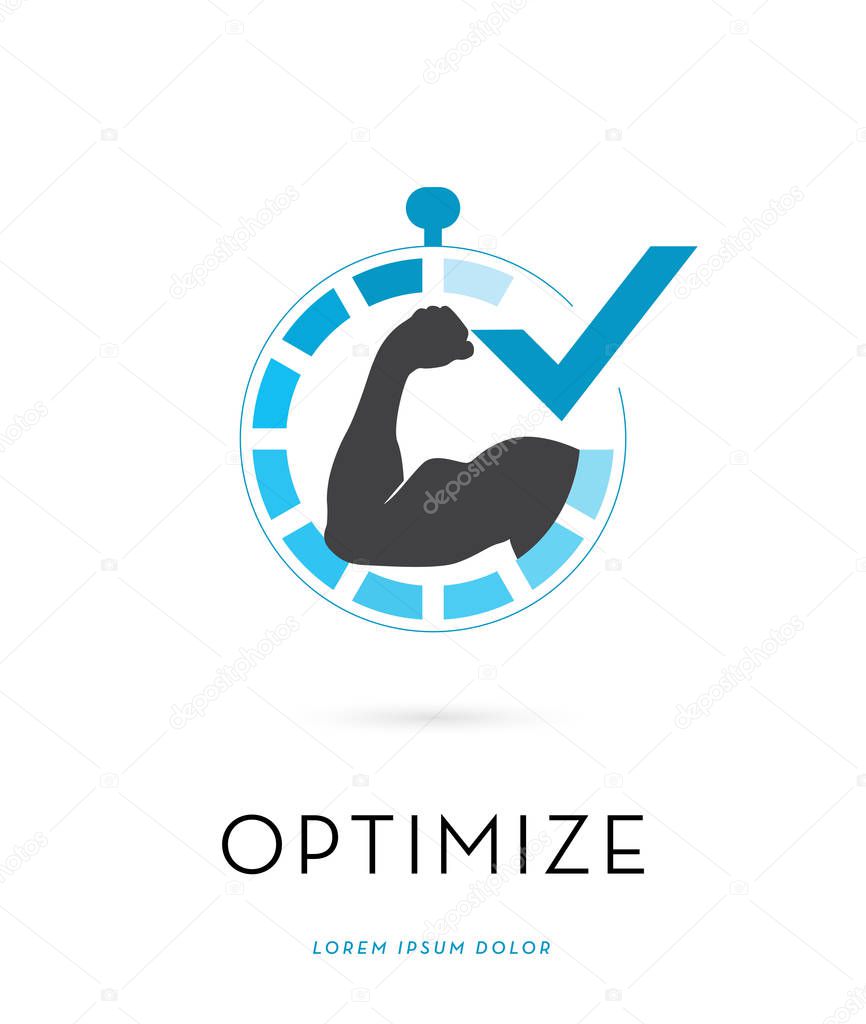 STRONG MAN'S BICEPS SILHOUETTE , INSIDE A STOPWATCH INCORPORATED WITH A CHECK MARK , VECTOR LOGO / ICON , ISOLATED ON WHITE BACKGROUND
