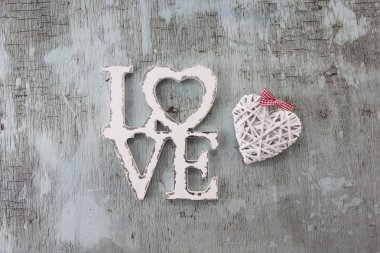 Sevgililer Günü Retro üst görünümü, ahşap dekoratif nesneler, Aşk arka plan