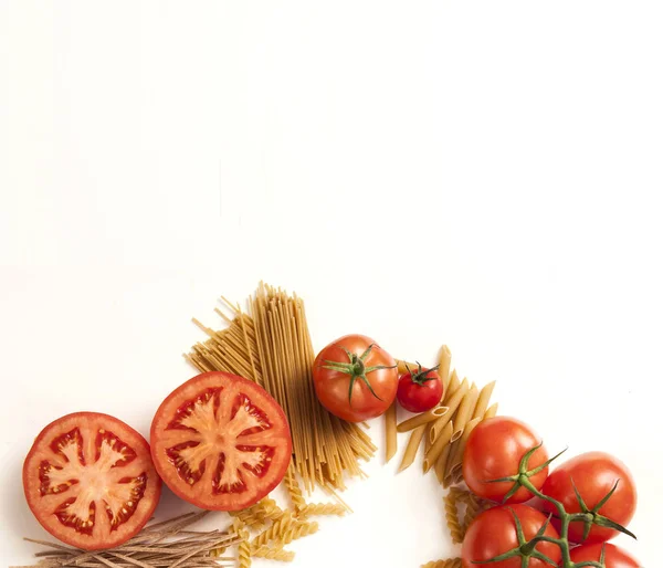 Pasta Variety Tomatoes Composition Top View — Stock Photo, Image