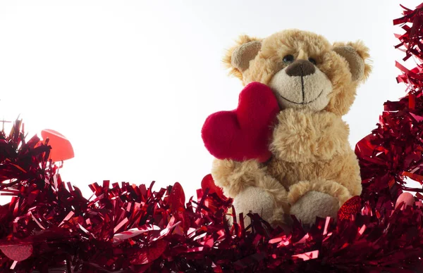 Día San Valentín Lindo Oso Peluche Sosteniendo Corazón Fondo Amor —  Fotos de Stock