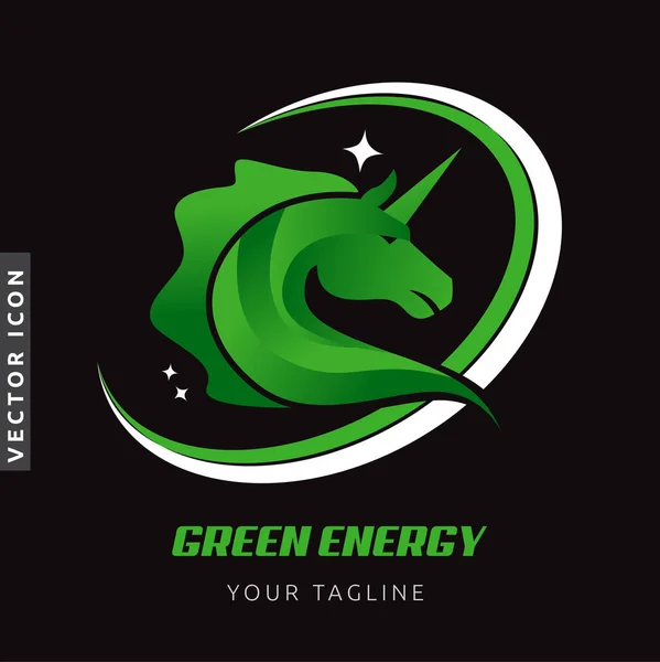 Unicorn Green Energy Conceptual Logo Чорному Тлі — стоковий вектор