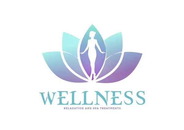 Kvinnans Siluett Lotus Blomma Wellness Spa Helande Logotyp Mall — Stock vektor