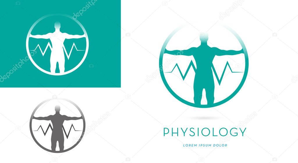 A MAN SILHOUETTE WITH OPEN ARMS INCORPORATED WITH A HEARTBEAT SYMBOL INSIDE A CIRCLE, VECTOR ICON / LOGO 