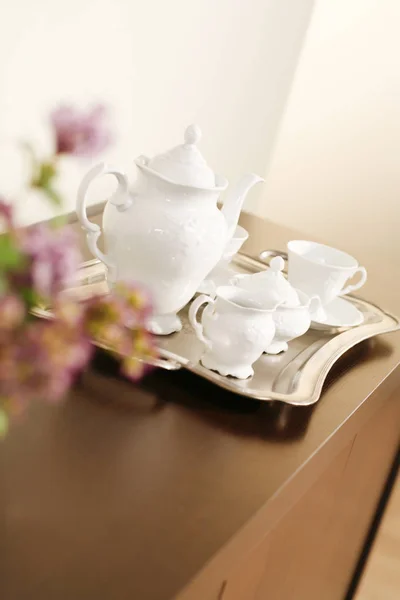 Metal Tray Porcelain Teapot Cups — Stock Photo, Image