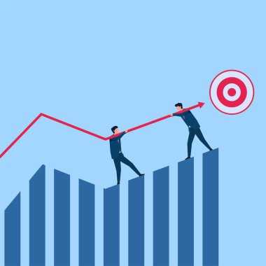 İnsanlar gelişim metaforuna ulaşmak ve hayatta kalmak için ok tutarlar. İş düz vektör çizimi.