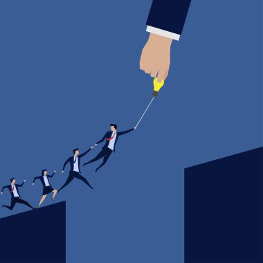 İş adamı liderleri boşluktan atlamak için birbirlerine yardım ederler. Business Landing Sayfa Şablonu.