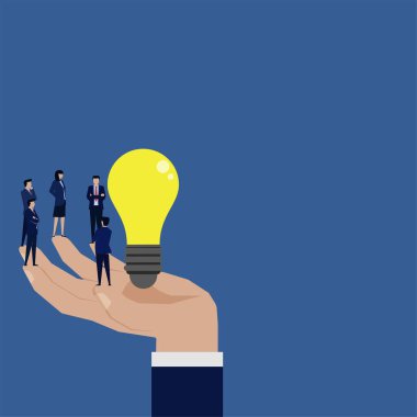 Ampulü ve iş arkadaşları olan bir iş adamı eli, şirket konsepti.