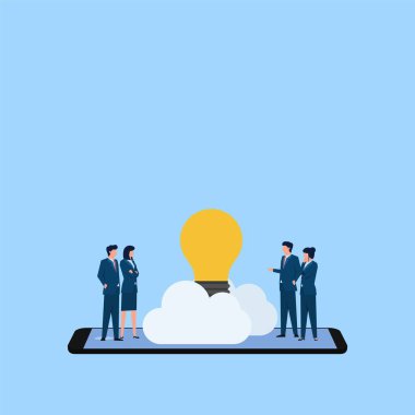 İnsanlar telefon üzerinden internet metaforunu tartışıyor ve buluyorlar. İş düz vektör çizimi.