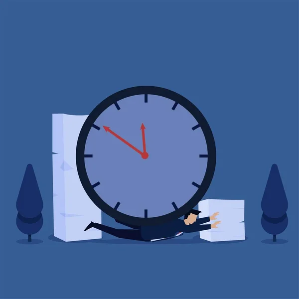 Man Struck Clock Paperwork Metaphor Hard Work Overwork Business Flat — Stock Vector