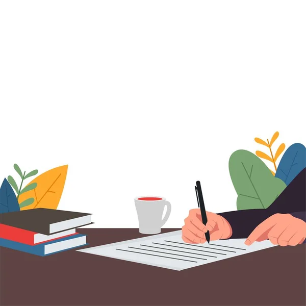 Hand hold pen and write on table. There is cup of coffee and books on table. Has meaning of write diary, journey and agenda. Business flat vector concept illustration.
