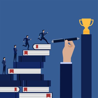 İş adamı kitap ve kalemin yardımıyla kupa kazanmaya koşuyor. Bilgi gücü..