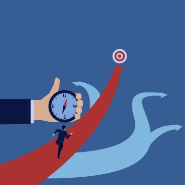 İş adamı pusula ile hedefe doğru rehberlik eder. Temiz atış..