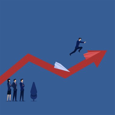 Ticari düz vektör konsept yöneticisi kar için risk alma metaforu ile başka bir kağıt düzleme atlamak.