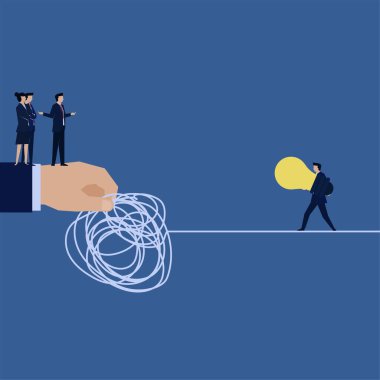 İş yassı vektör konsepti işadamı fikri getirdi ve karmaşık sicim çözüm metaforunun üzerinde yürüdü.