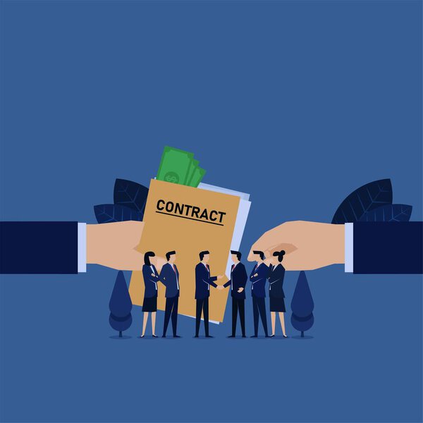Business hand give contract agreement with money on it metaphor of corruption.