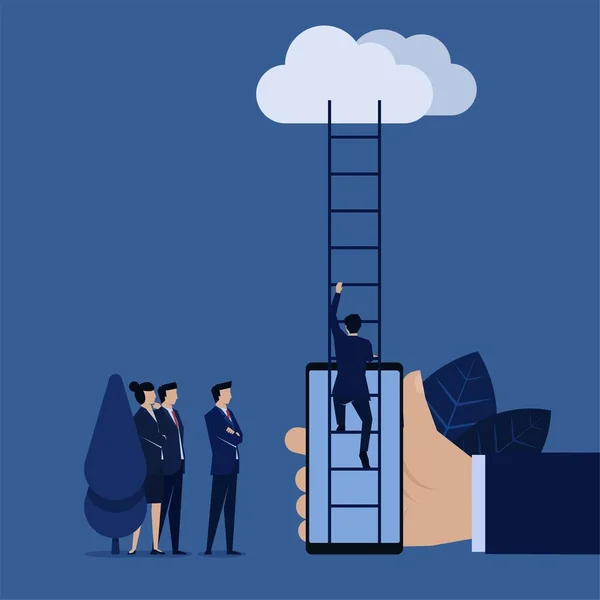 Бізнесмен Піднімається Сходами Хмару Телефонної Мобільної Метафори Щоб Залишатися Язку — стоковий вектор