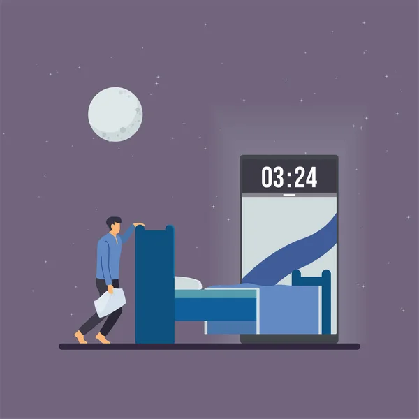 Uykusuzluğun Gece Yarısı Metaforunda Yatağa Yaslanan Bir Adam — Stok Vektör