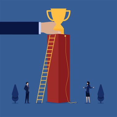 İş adamı düz vektör konsepti merdiven aldı ve iş kadını cinsiyet sorunu metaforuna ulaşmak için ipe ulaştı.