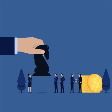 Ticari düz vektör konsepti işadamı madeni paralar ve el sıkışması takım kazanç metaforuna siyah at verdi.