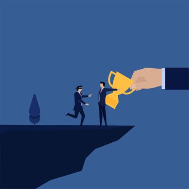 İş yassı vektör kavramı. Kör çalışan uçuruma koşuyor. Yönetici tarafından yönetilen ödül metaforu hile ve tuzak..