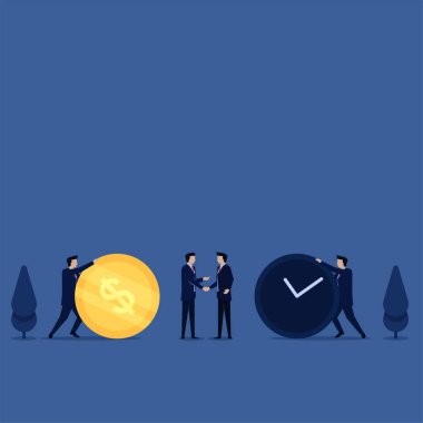 İş yassı vektör konsepti adamım değerli zaman metaforu için para ve saate bas.