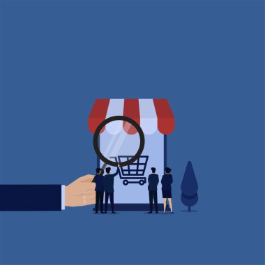 İş yassı vektör konsept ekibi pazar araştırması metaforunu büyütmek için telefonla el arabasını kontrol etsin.