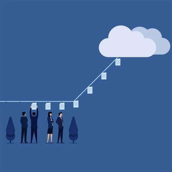 Команда Бізнес Плоских Векторів Розмістила Документи Мотузці Надсилання Хмарну Метафору — стоковий вектор