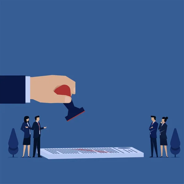 İş yassı vektör kavramı kağıt üzerinde pul tutuyor ve insanlar anlaşma metaforunu tartışıyor.