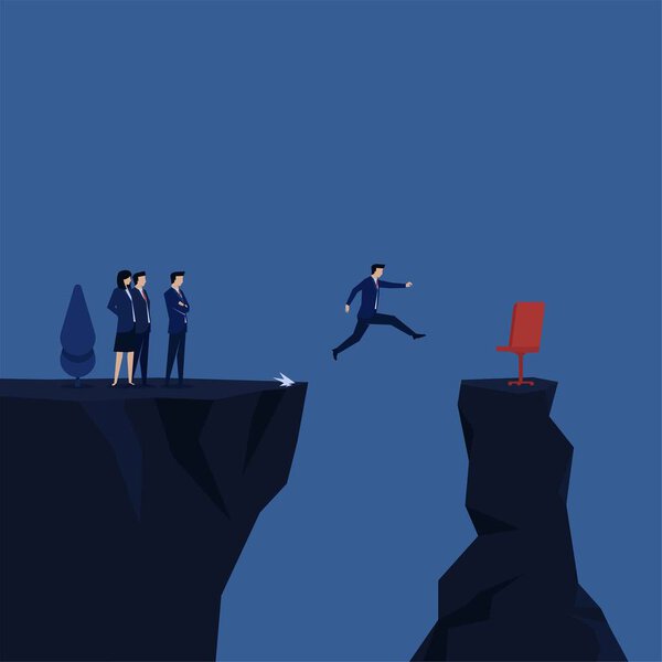 Business flat vector concept man jump to other side of the hill to get chair metaphor of promotion.