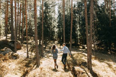 Doğada yürüyüş ve seyahat formu ormanda evlilik öncesi fotoğraf çekimi. Kuzey ve Rusya'nın güzelliği. Sevgi dolu insanlar ve güzel sahne. Gülmek, otur ve gülümse. Güzel çift