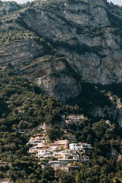Till Kusten Positano Amalfi Italien Panorama Över Kvällen Staden Och — Stockfoto