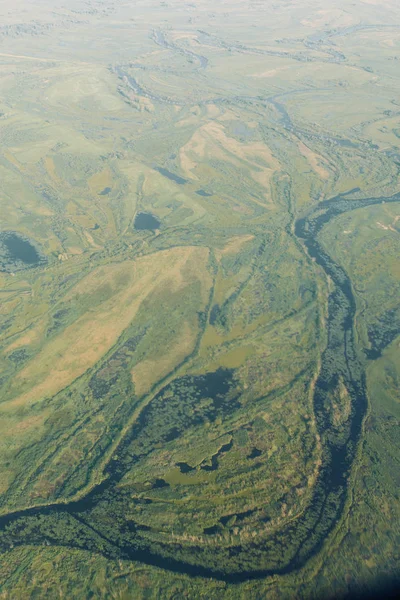 Pohled Letadla Výšce Letící Nad Mraky Západ Slunce Obloze Cesta — Stock fotografie