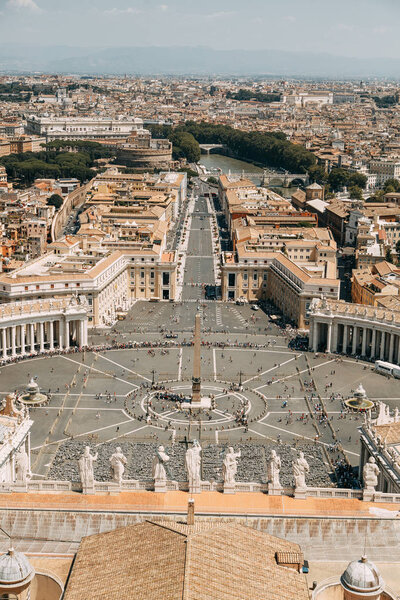 Vatican city, St. Peter's square. The view from the top and inside. Ancient architecture of Rome and the sights. Sculptures and Frescoes of great artists. Vatican Museum inside. Panoramic view from the roof